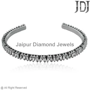 Natural Baguette Diamond 925 Silver Open Cuff Bangle Handmade Jewelry Bracelet - Picture 1 of 3