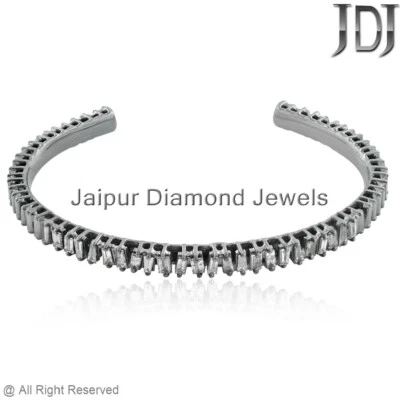 Natural Baguette Diamond 925 Silver Open Cuff Bangle Handmade Jewelry Bracelet - Image 1 of 3