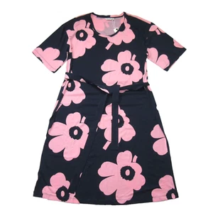 NWT marimekko Johanas Juhla In Navy Pink Unikko Dress Cotton Jersey Dress L - Picture 1 of 6