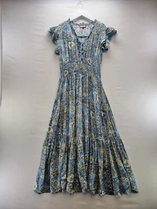 Joe Browns Maxi Dress Size 10 Blue Paisley Tiered Short Sleeve Boho Hippie - Picture 1 of 9