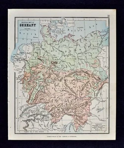 1889 Hughes Map - Physical Germany Bavaria Alps Danube Austria Baltic Sea Europe - Picture 1 of 1