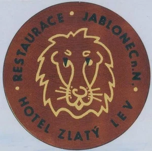 ZLATY LEV Hotel old luggage label JABLONEC Czechoslovakia lion - Picture 1 of 2