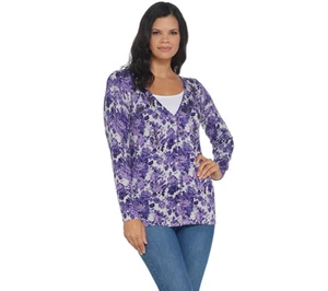 Quacker Factory Floral Printed Button Front V-Neck Knit Cardigan, Violet, S - Picture 1 of 5