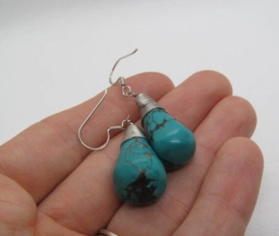 925 Sterling Silver Tear Drop Turquoise Natural Stone Drop Hook Earrings - Image 1 of 3