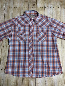 Vintage Wrangler orange blau kariert Perlen Knopf Kurzarm - Bild 1 von 6