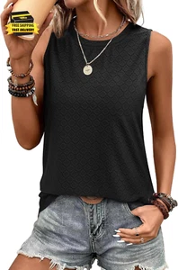 Womens Tank Tops Eyelet Loose Casual Summer Tops Crew Neck Basic Sleeveless Shir - Picture 1 of 6