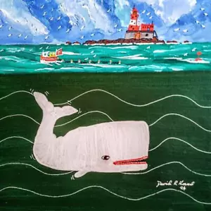 Pintura al óleo escocesa original de la ballena blanca de Farne Island David R Howard 16" X 16" - Imagen 1 de 2
