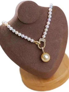 17in White Round 6-7mm South Sea Pearl Necklace 10mm Gold Round Pearl Pendant - Picture 1 of 5
