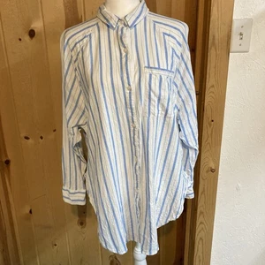 Top donna Aerie misto lino XS boho con bottoni oversize blu nautico e bianco - Foto 1 di 10