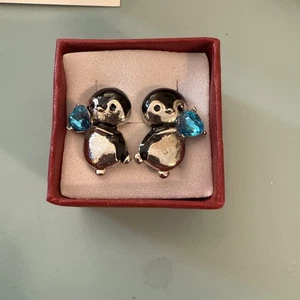 Penquin Stud Earrings With Blue Heart 11/16 Inches Sterling Silver Posts - Picture 1 of 6