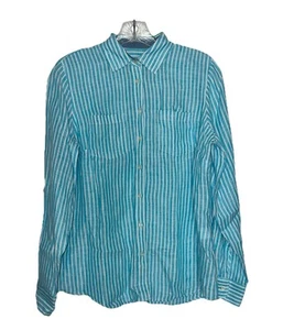 Talbots Linen Button Down Shirt Womens Size S Aqua White Stripe Beachy Coastal - Picture 1 of 12