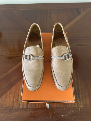 HERMÈS Mocassini Hermes marroni beige pelle scamosciata catena di ancoraggio $1500 US 9 UK 8 EU 42