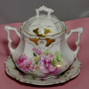 Antique Austrian Porcelain Floral Sugar Bowl, Lid and Small Plate - Picture 1 of 7