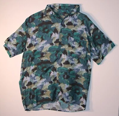 Camisa grande vintage Robert Stock 100 % seda abstracta azul verde negra con botones Foto 1 de 4