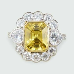 4CT Emerald Cut Simulated Yellow Citrine Vintage Wedding Ring 14K White Gold FN