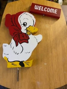 Vtg Anthropomorphic Duck & Welcome Sign Wooden Garden Stake Midcentury Two Sided - Picture 1 of 13