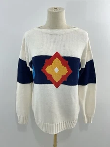 VTG 80s Jantzen Womens Sweater Cotton Boatneck Colorblock Geometric Flower - Picture 1 of 7