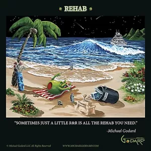 Rehab by M. Godard Funny Beachside R&R Olive Art Print 12x12 Inches - Picture 1 of 1