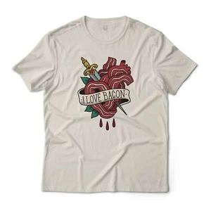 I Love Bacon Heart Food Lover Art Graphic T-Shirt Unisex Lightweight Cotton - Picture 1 of 13