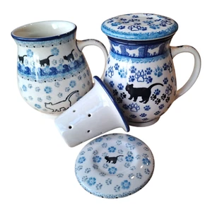 Kräutertasse, Teetasse mit Sieb 0,45l Bunzlauer Keramik, KATZEN- DACKELMOTIV - Bild 1 von 13