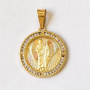 20mm 14K Oro Giallo Pietre Zirconi Cubici San Giuda Ciondolo, 0.8 MM Cavo Catena - Foto 1 di 6