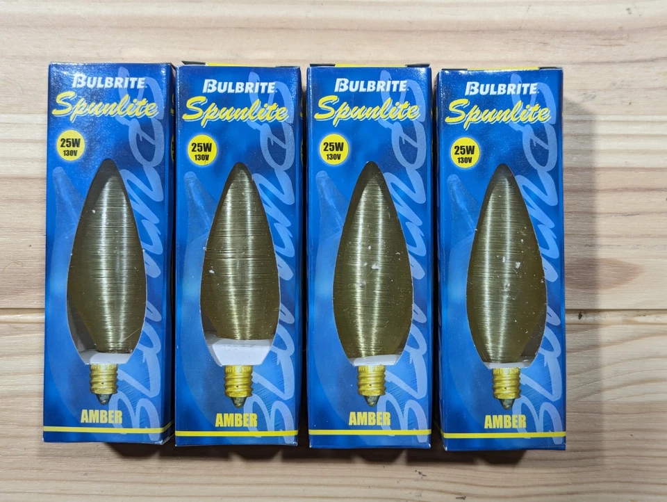 (QTY 4) NEW Bulbrite Spunlite 25C11A 25W 130V Spun Thread Amber Candelabra Bulb  - Image 1 of 4