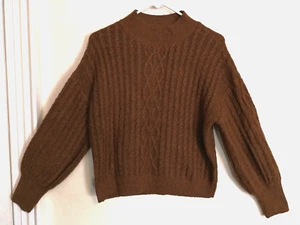 Vince Camuto Womens Sweater L Brown Cable Knit Cropped Turtleneck Long Sleeve - Picture 1 of 4