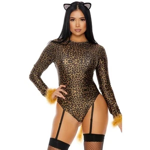 Cat Kitten Costume Leopard Bodysuit Marabou Trim Tail Ears Headband 559629 S/M - Picture 1 of 7