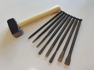 Stone Masonry Mallet Head 8 Piece Set Point/Flat/Bullnose Chisels & Club Hammers - Picture 1 of 16