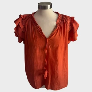Rose + Olive V Neck Flutter Sleeve Ruffle Top 100% Polyester Red Orange - Picture 1 of 8