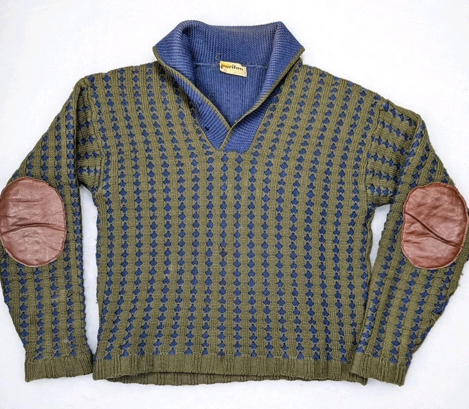 PURITAN De Colección Años 50 60 Verde Azul Diamante Tejido Chal SUÉTER Parche Codo Para Hombre S Foto 1 de 4