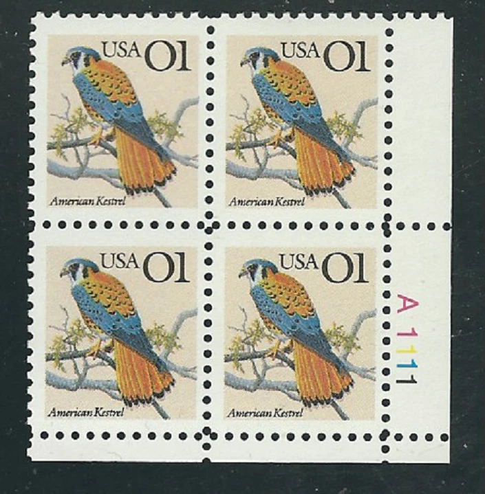 Scott #2476...1 Cent...American Kestrel...2 Plate Blocks - Image 1 of 1