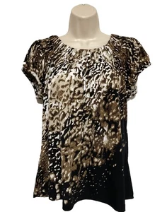 style co top PL brown tan white geometric short cap sleeve pleated - Picture 1 of 10