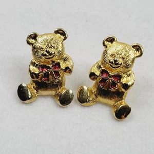 Vintage Avon Ohrringe goldfarben Teddybär rot Emaille Schleife durchbohrt gelenkig - Bild 1 von 6