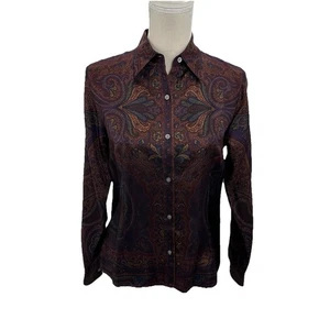 Ralph Lauren Bluse Damen 6P Braun Paisley 100% Seide Langarm Button Down - Bild 1 von 9