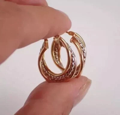 Pendientes de aro retorcidos vintage enchapados en oro amarillo de 14K Estate tricolor para mujer Foto 1 de 4