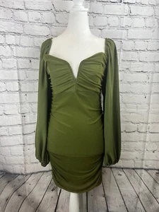 Mini Dress Women's Size L Green Solid 100% Polyester Long Sleeves V-Neck Zipper - Picture 1 of 9