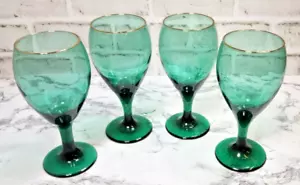 Vintage Libby Wacholder grün Wasser Weinkelche 4er Set Glas Träne Goldrand - Bild 1 von 4