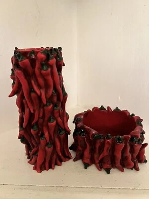 Red Chili Peppers Candle Holders, Set Of 2.   Resin 3” And 4” Dia.  6” - Image 1 of 4