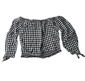 Hollister Plaid Off Shoulder Crop Top Girl XS Black White 3/4 Sleeve - Picture 1 of 6