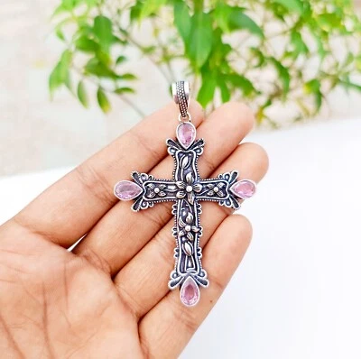 Pink Topaz Cross Pendant 925 Sterling Silver Handmade Gemstone Jewelry 2.83" - Image 1 of 4