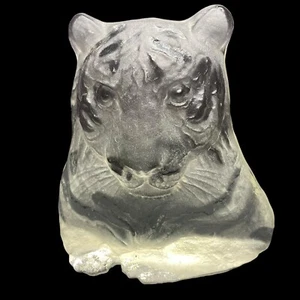 Viking Clear Frosted Glass Tiger Bookend Paperweight Heavy Glass With Sticker - Picture 1 of 11