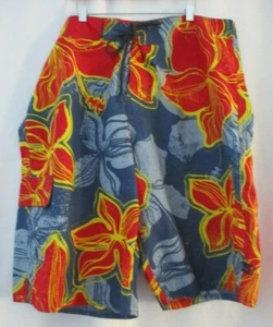 BASIX BLUE & RED FLORAL HIBISCUS SWIM TRUNKS BOARD SHORTS - SIZE XL - Picture 1 of 4