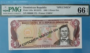 1993 Dominican Republic “SPECIMEN” 5 Pesos Oro PMG66 EPQ GEM UNC 【P-143s】 - Picture 1 of 2