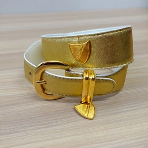 Vintage 80er Gold Leder Gürtel Damen XS 65 26 Skinny Metallic Logo Charm McDAVID - Bild 1 von 12