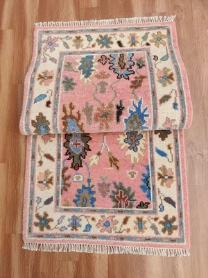 Hand-Knotted Pink Oushak Rug Vintage Style Floral Oriental carpet for home decor - Image 1 of 4