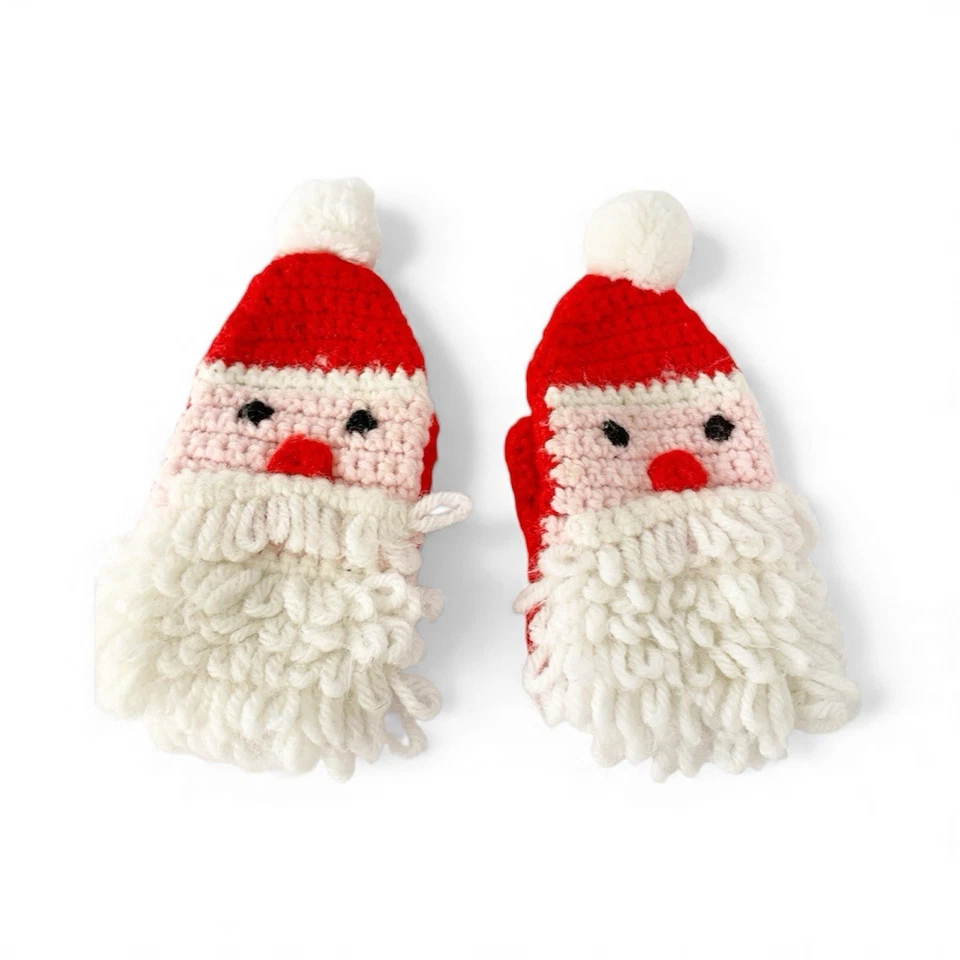 Handmade Knit Santa Mittens Kids Ages 3-4 Red Knitted Christmas - Image 1 of 4