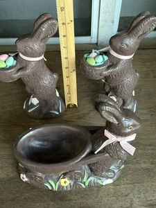Vintage Set Of 3 Candy Dish Faux Chocolate Rabbit Bunny Resin Easter Spring Hom - Picture 1 of 10