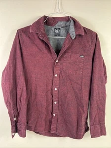 Volcom Button Down Shirt Men Size Medium Maroon Black Pocket Long Sleeve Skate - Picture 1 of 10
