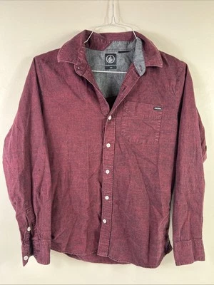 Volcom Button Down Shirt Men Size Medium Maroon Black Pocket Long Sleeve Skate - Image 1 of 4